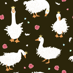 Cute seamless pattern with Sebastopol goose in crowns, diamonds, and rose flowers. Royal Geese fantasy background. Vector illustration.