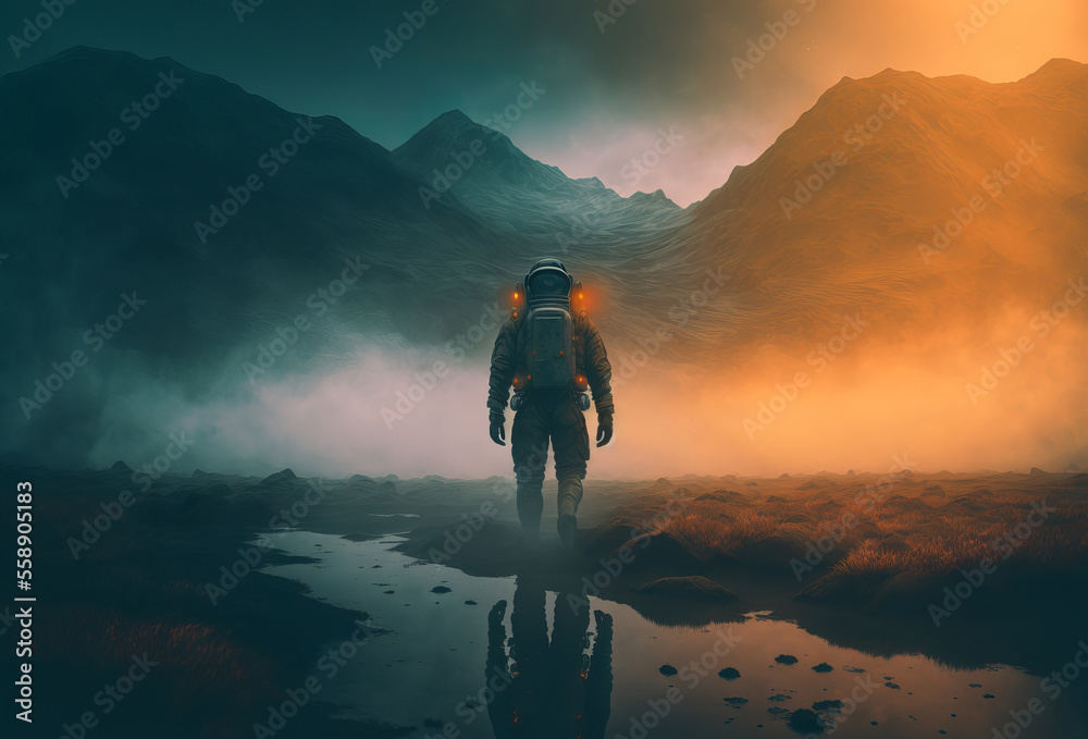 Wall mural a spaceman walking through a misty distant planet landscape. generative ai