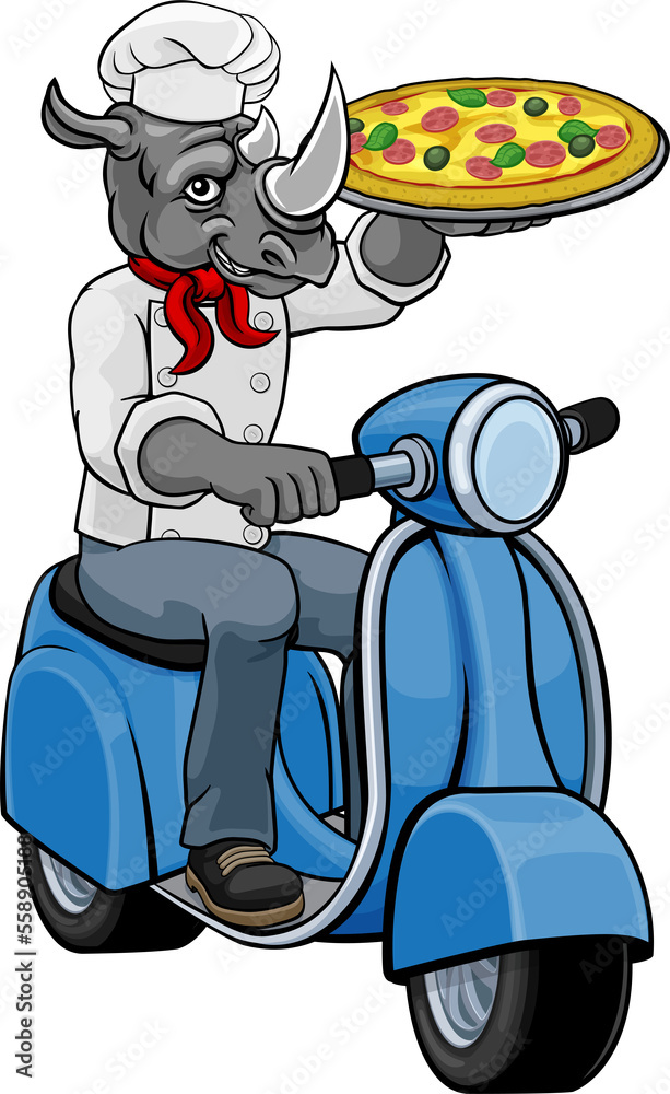 Poster Rhino Chef Pizza Restaurant Delivery Scooter