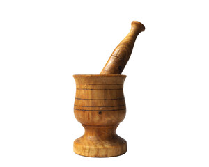 Wooden mortar and pestle isolated on white background.