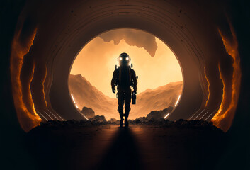 Fototapeta An astronaut space explorer walking through a tunnel towards outer space. Generative ai obraz