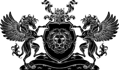Fototapeta na wymiar Crest Pegasus Horses Coat of Arms Lion Shield Seal