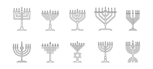 Set outline style Jewish big menorah candelabrum vector illustration