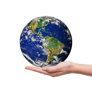Save the planet earth concept. A woman's hand holding the earth isolated on white background. Earth day conceptual image. Elements of this image furnished by NASA.