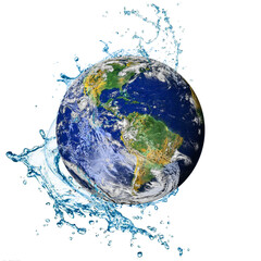 Fototapeta premium Water scarcity concept on earth isolated on white background. Water recycle on the world. Earth day or World Water Day concept. Elements of this image furnished by NASA.