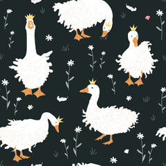 Cute seamless pattern with Sebastopol goose in crowns, diamonds, and chamomile flowers. Royal Geese fantasy background. Vector illustration.