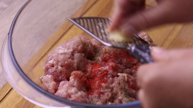 Minced beef meat salt pepper prepare the stuffing for peppers
