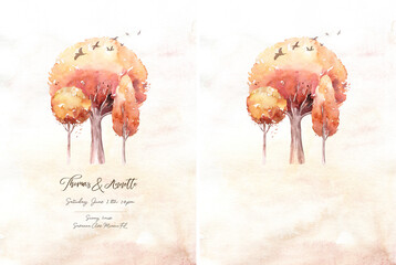 set of watercolor autumn trees. Fall hand drawn yellow orange forest background illustration background