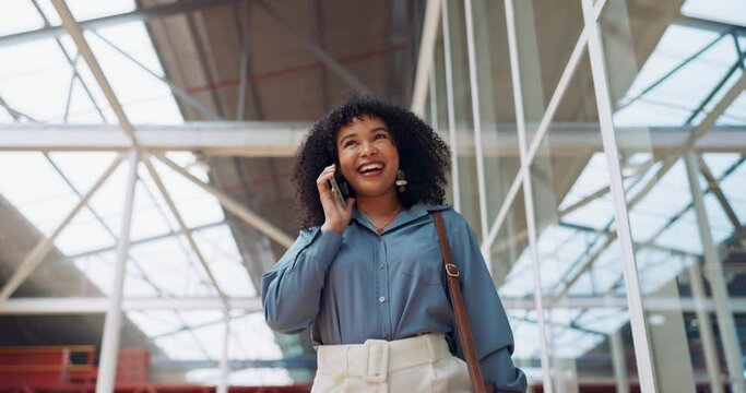Phone call, smile or black woman travel walking in airport, office building or social network communication and networking. London or happy girl with smartphone commute or slow motion travelling