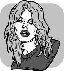 Beautiful young woman looking serious. Model girl for beauty salon, hairdressing, cosmetic shop. Girl with long blond hair and big eyes. Hand drawn illustration. Comic cartoon style vector drawing.