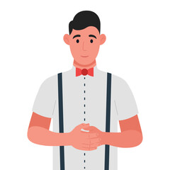 Young man standing with folded hands. Vector illustration.