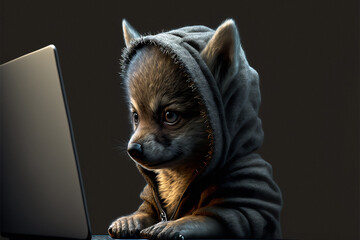 Fototapeta Anthropomorphic tiny cute and adorable baby wolf, hacker, wearing a Hoodie, dim light shining on face, seated at a computer desk obraz