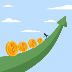 Income and investment concept, fund manager holding flag leading coin money running up chart, stock market growth or flow of funds depending on interest rate and inflation concept, businessman investo