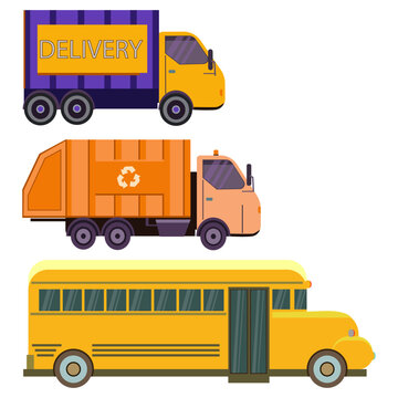 Transport vector public transportable vehicle school bus  and freight car or garbage truck for transportation in city. 