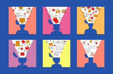 Fills head thought man woman silhouette think line post set vector flat illustration