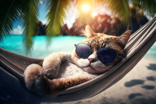 Katze mit Sonnenbrille im Urlaub - Generative AI