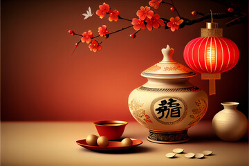 Chinese New Year greeting card with paper cut. Computer generated art design.