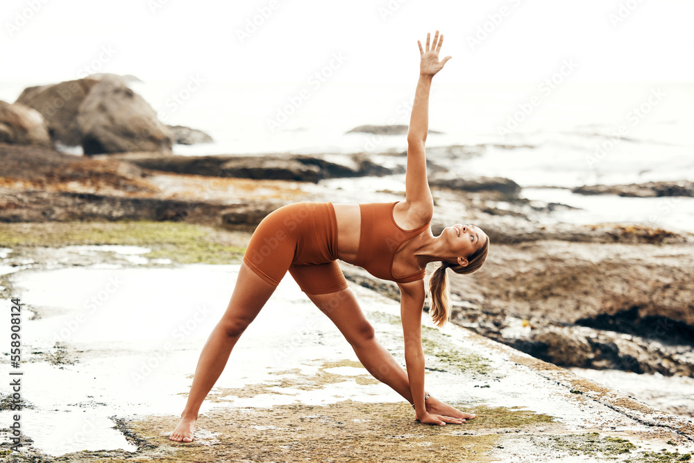 Canvas Prints Yoga, balance and fitness with woman at the beach, pilates and zen in nature with exercise and body care outdoor. Workout by the ocean, stretching and peace with mindset and motivation for wellness.