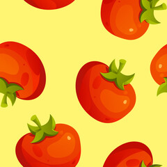 Tomato vector seamless pattern on a yellow background.Vegetables food background in cartoon style.