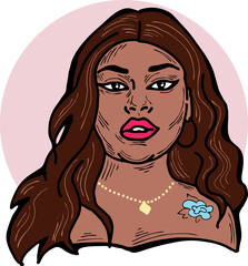 Beautiful young black woman smiling with white teeth. Model girl for beauty salon, hairdressing, cosmetic shop. Girl with long dark hair and big eyes. Hand drawn illustration. Cartoon vector drawing.