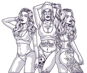 Tattoo bikini girls emblem monochrome