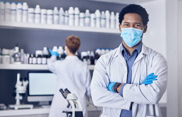Science, covid and portrait of man in laboratory, leadership and motivation in vaccine development in South Africa. Healthcare, phd scientist or black man pharmacist with innovation in lab research - obrazy, fototapety, plakaty