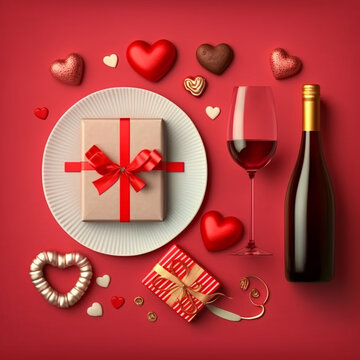 Valentine's day with a bottle of wine champagne, a gift box with a red ribbon bow, Generative AI	