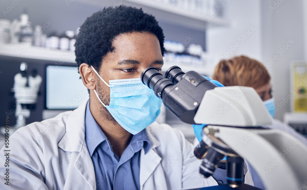 Poster science, covid and black man in laboratory with microscope and face mask, motivation in future vacci