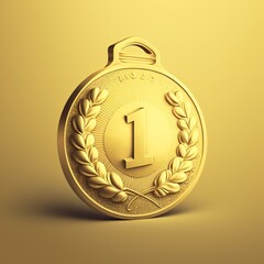Gold medal with number 1, illustration, yellow background. AI