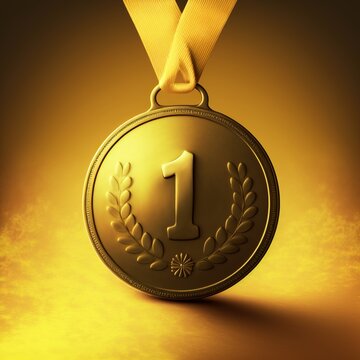 Gold medal with number 1, illustration, yellow background. AI