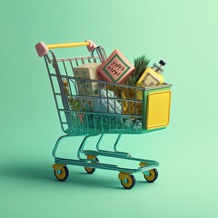 Shopping cart full of groceries, illustration, green background. AI