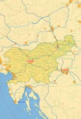Slowenien Karte mit Städten Straßen Flüssen Seen