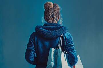 Woman from the back with shopping bag, blue background. AI