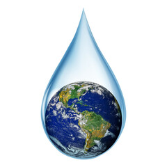 Earth in water drop. Lack of water concept on earth isolated on white background. World in a water drop. Earth day or World Water Day concept. Elements of this image furnished by NASA.
