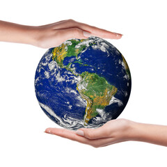 Earth in hands. Two hands holding the world isolated on white background. Save the planet earth...