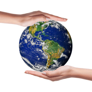 Earth in hands. Two hands holding the world isolated on white background. Save the planet earth concept. Earth day conceptual image. Elements of this image furnished by NASA.