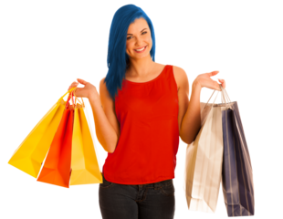 Portrait of young happy smiling woman with blue hair shopping bags, isolated over white background - consumerism