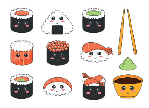 Sushi set in kawaii style. Cute Japanese sushi with a smile. vector illustration. cartoon style. Sushi restaurant logo. Collection Funny sushi character.