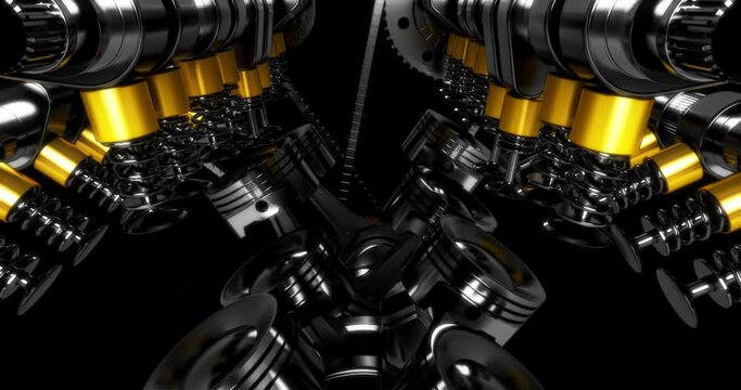 Powerful 3D V8 engine accurately working and generating power. Gold and chrome materials. 4K Animation.