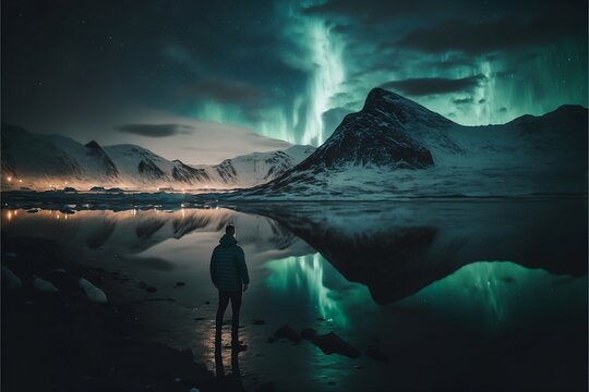 A Man In The Mountains Looking At The Northern Lights. A Place Of Power, Meditation