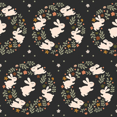 Easter wreath seamless pattern with dark background. Surface design with bunny, blossom flowers, leaves. Beautiful decorated rings for wrapping paper, wallpaper, baby textile, fabric with circles