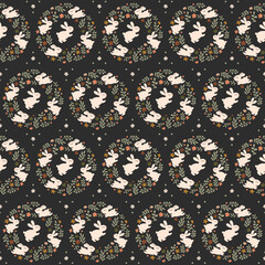 Running rabbits, cute Easter design with dark background. Vector illustration, bunny seamless pattern. For textile, fabric, decoration, cloth, wallpaper, nursery. Holiday backdrop with blossom wreath