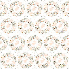 Cute Easter background in soft pastel color. Bunny floral wreath seamless pattern for nursery, wallpaper, children cloth, kids textile, baby fabric. Holiday season spring backdrop, gift wrapping paper