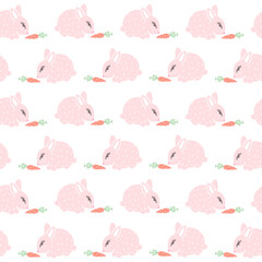 Pink polka dot bunny with carrot. Cute Easter seamless pattern. Baby girl cloth motif, kid textile, children fabric. Delicate childish design. Repeating texture, background, wrapping paper, packaging