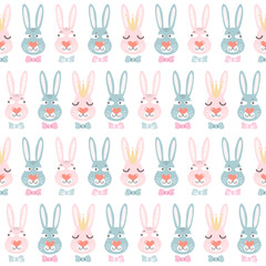 Funny bunnies, cute artwork for baby textile, cloth, children fabric, kids wallpaper. Cute Easter background. Line of rabbit portraits, spring soft colors seamless pattern in blue, pink, white