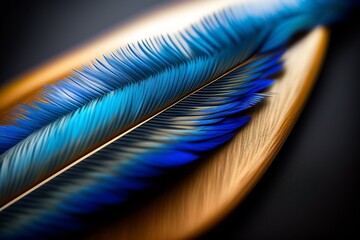 A wooden plate holding a blue feather.