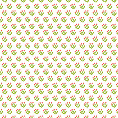 Simple floral seamless pattern. Abstract meadow, garden. Green and red flower on white background. Basic texture surface design, backdrop. Beautiful spring, summer paper, textile, fabric