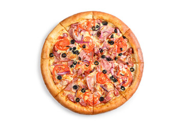 Pizza with bacon, tomatoes, onions and olives on a white plate. Fresh Italian pizza. View from above