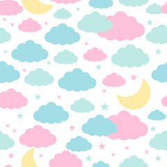 Moon, clouds and stars in pastel colors seamless patterns