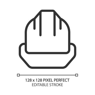 Hard hat pixel perfect linear icon. Personal protective equipment. Safety helmet. Miner uniform. Coal mining industry. Thin line illustration. Contour symbol. Vector outline drawing. Editable stroke